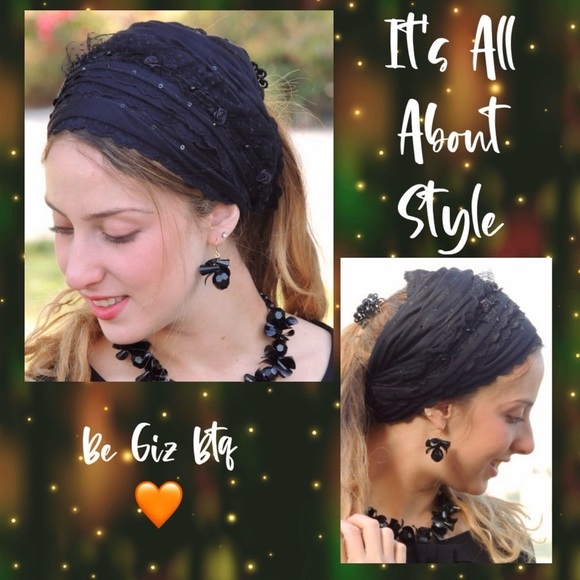 Lovely Royal Black Laces Handmade Mitpachat Head Covering-Scarf-Tichel Headband main image 4